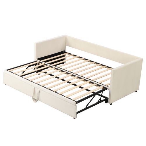 Lit Gigogne 90x200 Cm, Lit Enfant Avec Sommier à Lattes, En Tissu Velours Doux, Beige