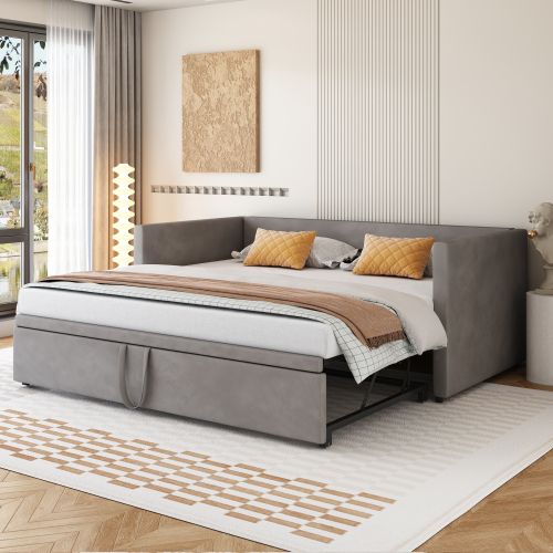 Lit Gigogne 90x200 Cm, Lit Enfant Avec Sommier à Lattes, En Tissu Velours Doux, Gris