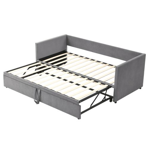 Lit Gigogne 90x200 Cm, Lit Enfant Avec Sommier à Lattes, En Tissu Velours Doux, Gris Clair