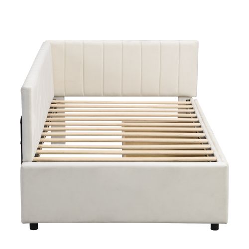 Lit Enfant 90x200 Avec 2 Grands Tiroirs De Rangement Et Sommier à Lattes, Beige
