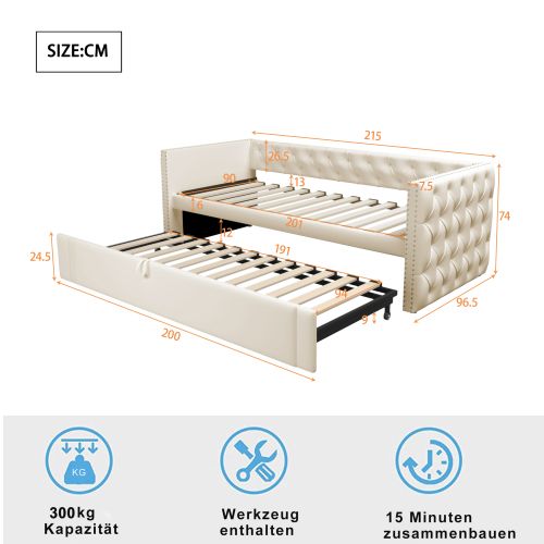 Lit Gigogne 90x200 Cm Avec Boutons, Sommier à Lattes, Lit Multifonctionnel, Tissu Velours, Beige