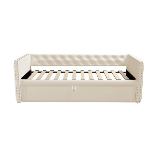 Lit Gigogne 90x200 Cm Avec Boutons, Sommier à Lattes, Lit Multifonctionnel, Tissu Velours, Beige