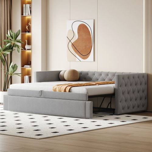 Lit Gigogne 90x200 Cm Avec Boutons, Sommier à Lattes, Tissu Velours, Gris Clair