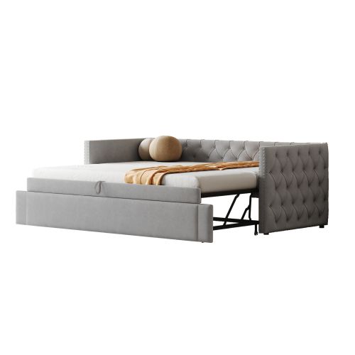 Lit Gigogne 90x200 Cm Avec Boutons, Sommier à Lattes, Tissu Velours, Gris Clair