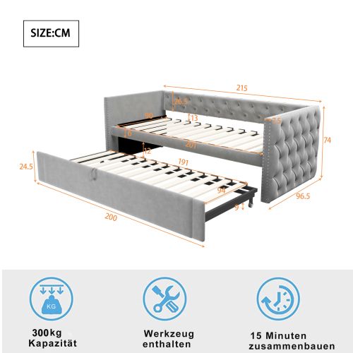 Lit Gigogne 90x200 Cm Avec Boutons, Sommier à Lattes, Tissu Velours, Gris Clair