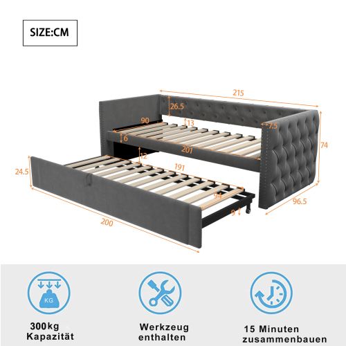 Lit Gigogne 90x200 Cm Avec Boutons, Sommier à Lattes, Tissu Velours, Gris