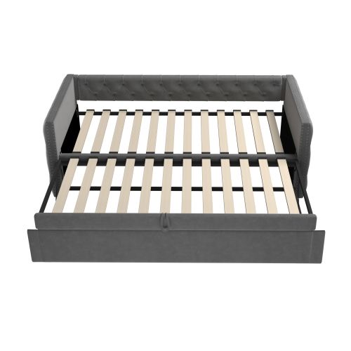 Lit Gigogne 90x200 Cm Avec Boutons, Sommier à Lattes, Tissu Velours, Gris