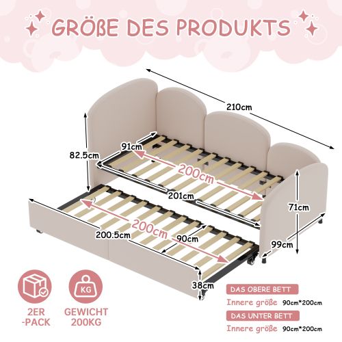Lit Gigogne 90x200 Cm, Lits 2 Personnes, En Velours Rose