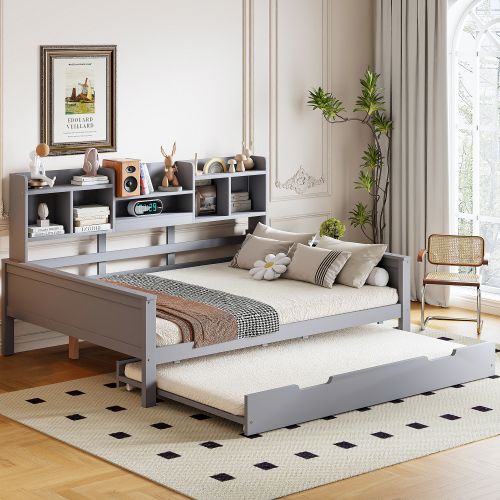 Lit Enfant 140x200 Cm En Bois Avec Lit Gigogne 90x190 Cm, Avec Sommier à Lattes, Gris