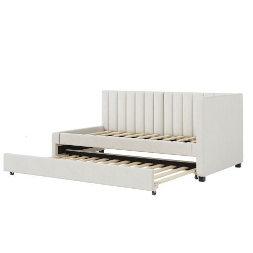 Lit Gigogne 90x200 Cm Avec Sommier à Lattes, Lit Jeune, Lit Enfant, Tissu Velours Beige