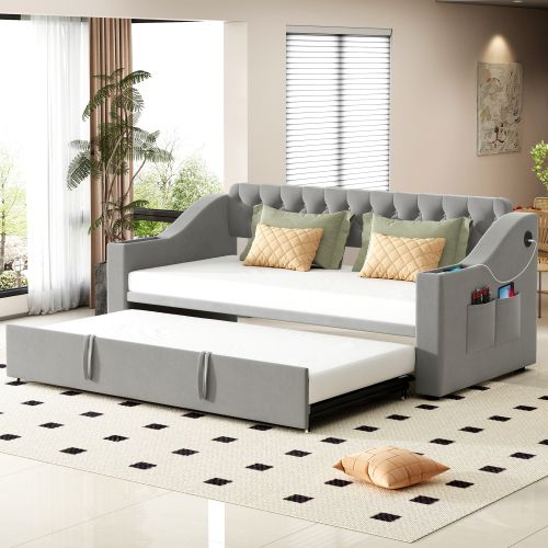 Lit Gigogne 90x190 Cm Avec Port De Charge USB, Poches, Sommier à Lattes, Tissu Velours, Gris