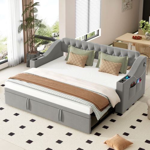 Lit Gigogne 90x190 Cm Avec Port De Charge USB, Poches, Sommier à Lattes, Tissu Velours, Gris