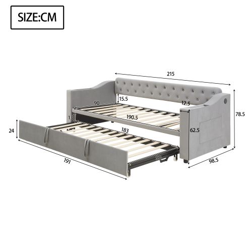 Lit Gigogne 90x190 Cm Avec Port De Charge USB, Poches, Sommier à Lattes, Tissu Velours, Gris