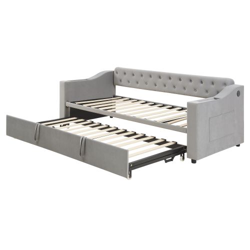 Lit Gigogne 90x190 Cm Avec Port De Charge USB, Poches, Sommier à Lattes, Tissu Velours, Gris