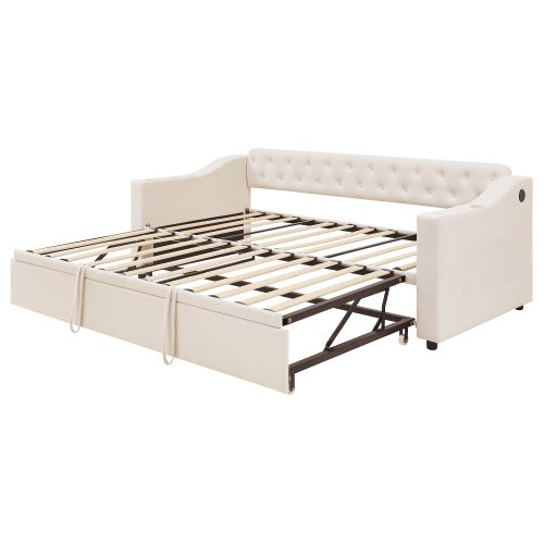 Lit Gigogne 90x190 Cm Avec Port De Charge USB, Poches, Sommier à Lattes, Tissu Velours, Beige