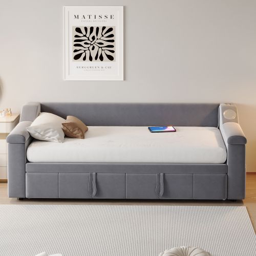 Lit Gigogne 90x190 Cm Avec Système Stéréo Bluetooth Et Prise USB, En Velours, Gris Foncé