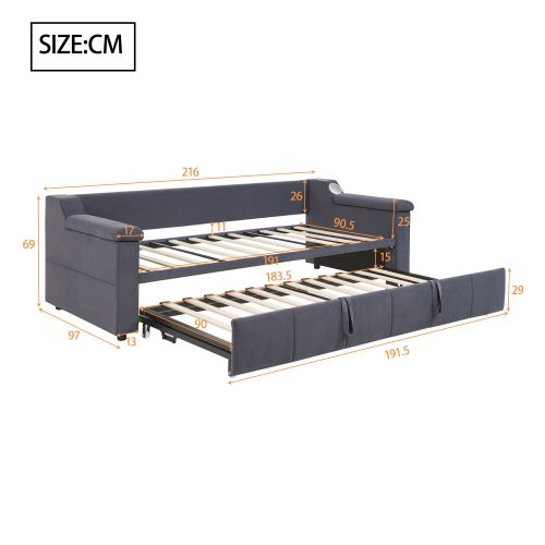 Lit Gigogne 90x190 Cm Avec Système Stéréo Bluetooth Et Prise USB, En Velours, Gris Foncé