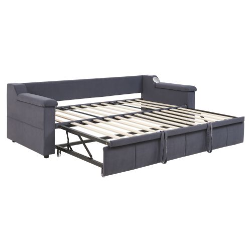 Lit Gigogne 90x190 Cm Avec Système Stéréo Bluetooth Et Prise USB, En Velours, Gris Foncé