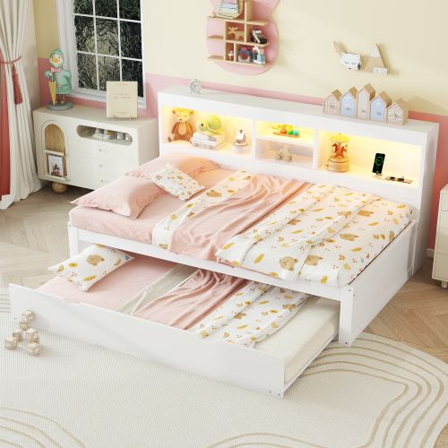 Lit Gigogne 90x200 Cm Avec Éclairage LED, Rangement, Prise, USB, Blanc