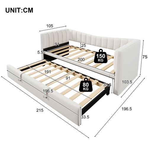 Lit Gigogne 90x200 Cm, Lit Enfant, En Velours, Style Minimaliste, Blanc