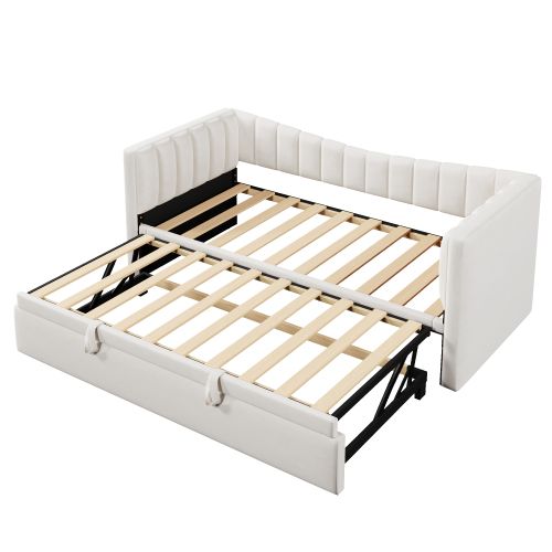 Lit Gigogne 90x200 Cm, Lit Enfant, En Velours, Style Minimaliste, Blanc