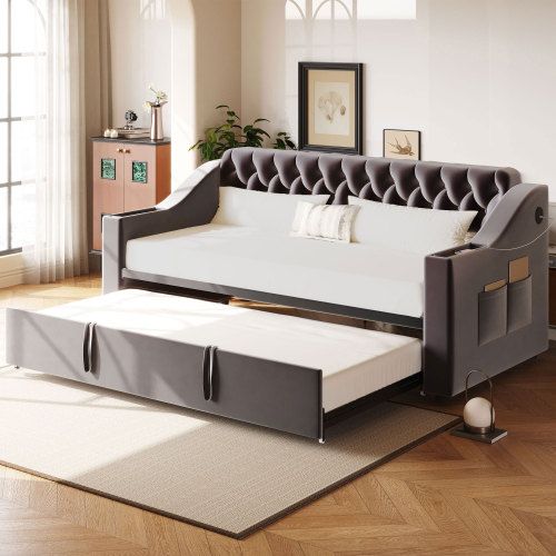 Lit Gigogne 90x200 Cm Avec Port De Charge USB, Poches, Sommier à Lattes, En Velours, Gris Foncé