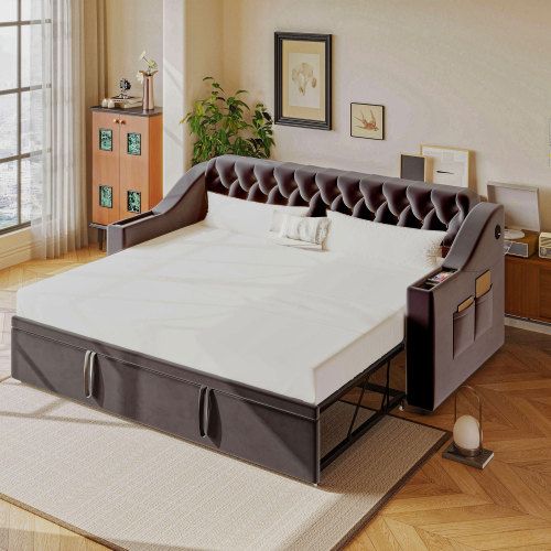 Lit Gigogne 90x200 Cm Avec Port De Charge USB, Poches, Sommier à Lattes, En Velours, Gris Foncé