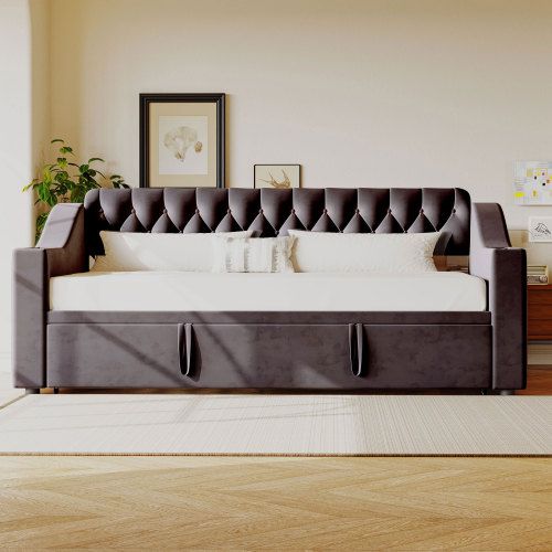 Lit Gigogne 90x200 Cm Avec Port De Charge USB, Poches, Sommier à Lattes, En Velours, Gris Foncé