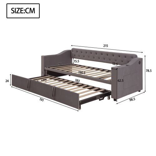 Lit Gigogne 90x200 Cm Avec Port De Charge USB, Poches, Sommier à Lattes, En Velours, Gris Foncé