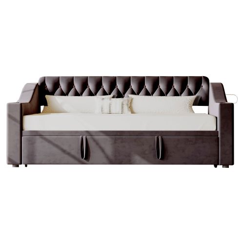 Lit Gigogne 90x200 Cm Avec Port De Charge USB, Poches, Sommier à Lattes, En Velours, Gris Foncé