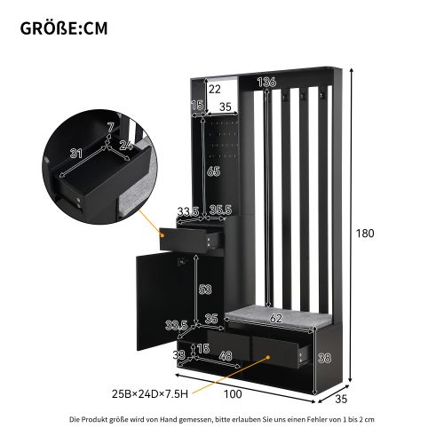 Vestiaire D'entrée Avec Armoire De Rangement, 3 Tiroirs, 4 Crochets, Noir