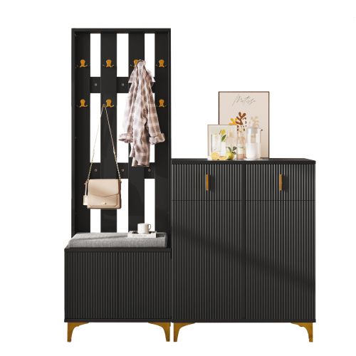 Vestiaire D'entrée Avec Armoire à Chaussures Et Coussin, 8 Crochets, 2 Tiroirs Et 4 Portes, Noir