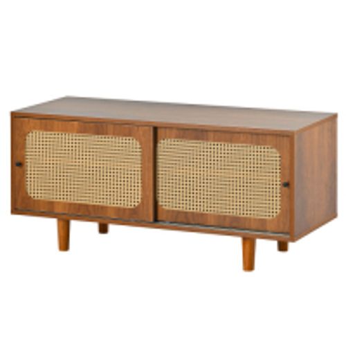 Meuble à Chaussures Avec 2 Portes Coulissantes En Rotin Et Étagère Réglable, Bois Foncé