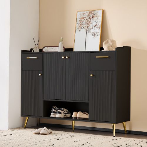 Meuble à Chaussures Noir Avec 2 Tiroirs, 4 Portes Et Rangement Ouvert, Pieds En Métal