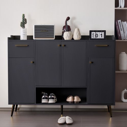 Meuble à Chaussures Noir Avec 2 Tiroirs, 4 Portes Et Rangement Ouvert, Pieds En Métal