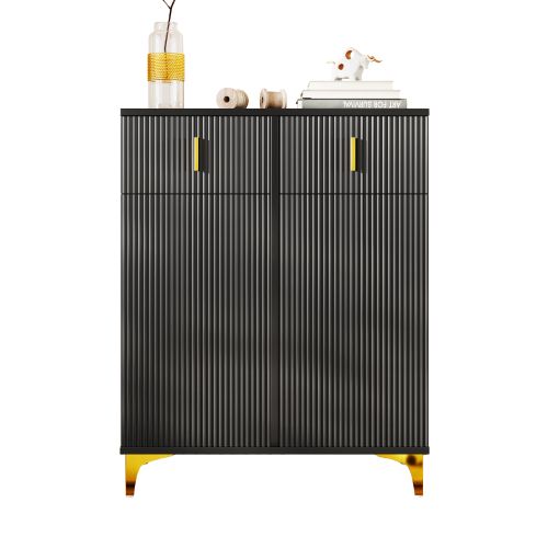 Meuble à Chaussures Noir Avec 2 Tiroirs, 4 Étagères Réglables, Pieds En Métal