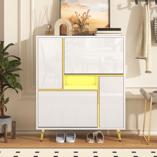 Meuble à Chaussures Blanc Avec Éclairage LED, 2 Portes Et 2 Armoires Rabattables, Pieds En Métal