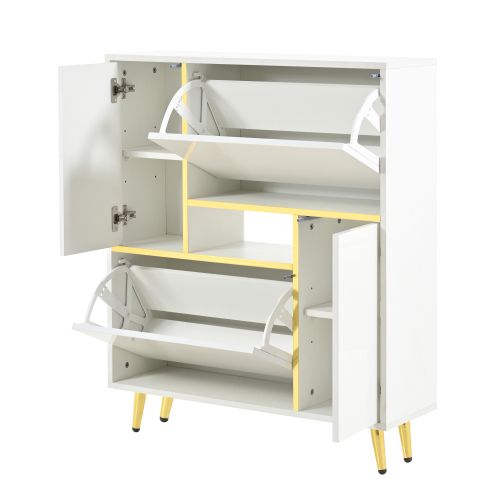 Meuble à Chaussures Blanc Avec Éclairage LED, 2 Portes Et 2 Armoires Rabattables, Pieds En Métal