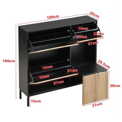 Meuble à Chaussures Noir Et Bois Avec Banc à Chaussures Pliable, Étagères à Chaussures Rabattables