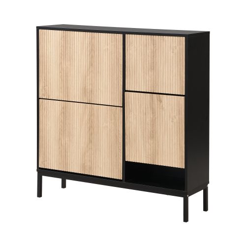 Meuble à Chaussures Noir Et Bois Avec Banc à Chaussures Pliable, Étagères à Chaussures Rabattables