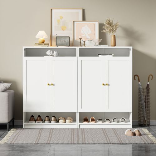 Lot de 2 Meuble à Chaussures Blanc Avec Rangements Ouverts Et 2 Portes, Poignées Dorées