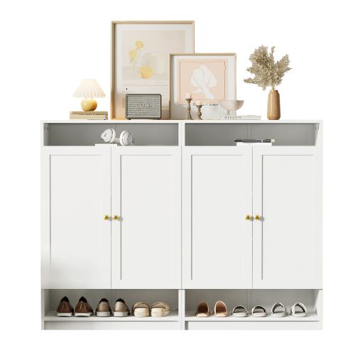 Lot de 2 Meuble à Chaussures Blanc Avec Rangements Ouverts Et 2 Portes, Poignées Dorées