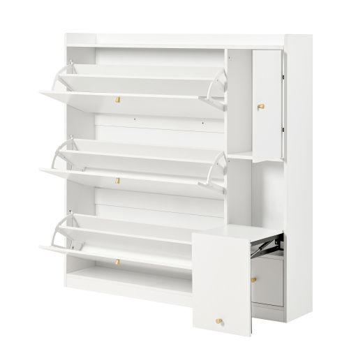 Meuble à Chaussures Blanc Avec 3 Étagères Pliables, Tiroir, Banc à Chaussures Pliable