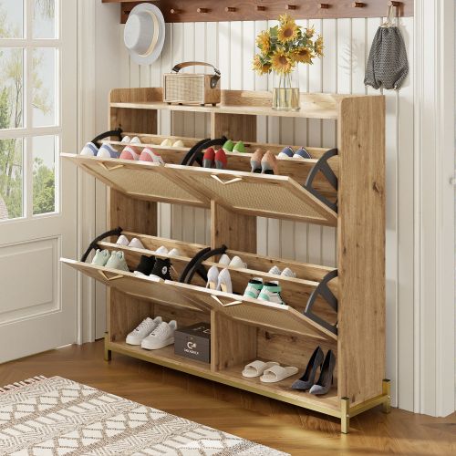 Meuble à Chaussures Bois Avec 4 Portes En Rotin, Rangements Ouverts, Cadre En Métal