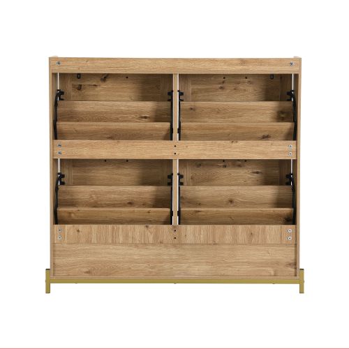 Meuble à Chaussures Bois Avec 4 Portes En Rotin, Rangements Ouverts, Cadre En Métal