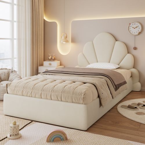 Lit Enfant 90x200 Cm Avec Tête De Lit En Forme De Fleur, Velours Beige