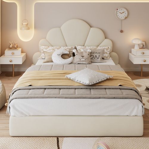 Lit Double 140x200 Cm Avec Tête De Lit Fleur En Velours Beige – Enfant Et Adulte