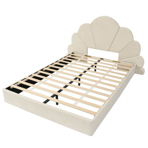 Lit Double 140x200 Cm Avec Tête De Lit Fleur En Velours Beige – Enfant Et Adulte