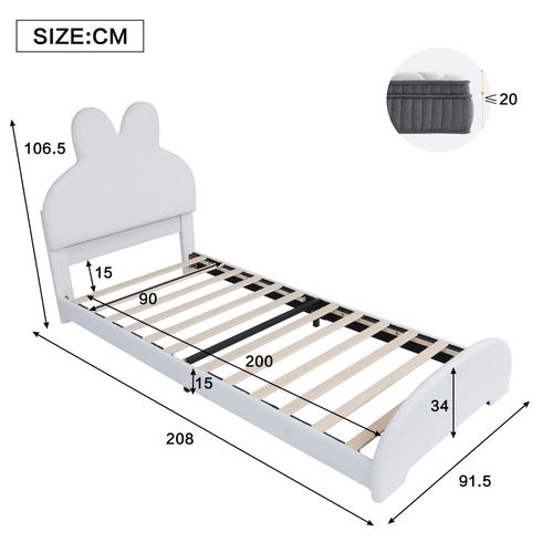 Lit Enfant 90x200 Cm Avec Sommier Et Tête De Lit Lapin, Tissu Bouclé, Blanc