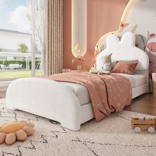 Lit Enfant 90x200 Cm Avec Sommier Et Tête De Lit Lapin, Tissu Bouclé, Blanc